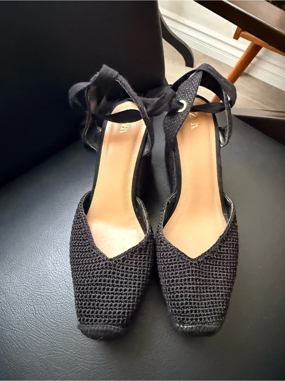 Zara Black Woven Espadrille Ankle-Tie Wedges